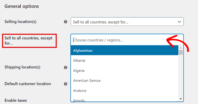 Select countries where you don't want to sell your product