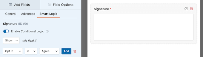 The conditional logic settings in WPForms