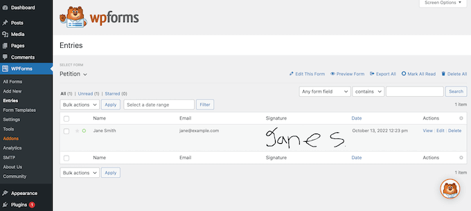 Электронные подписи, собранные с помощью WPForms