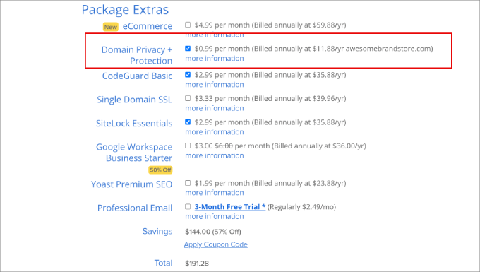 bluehost package extras