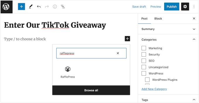 The RafflePress WordPress block