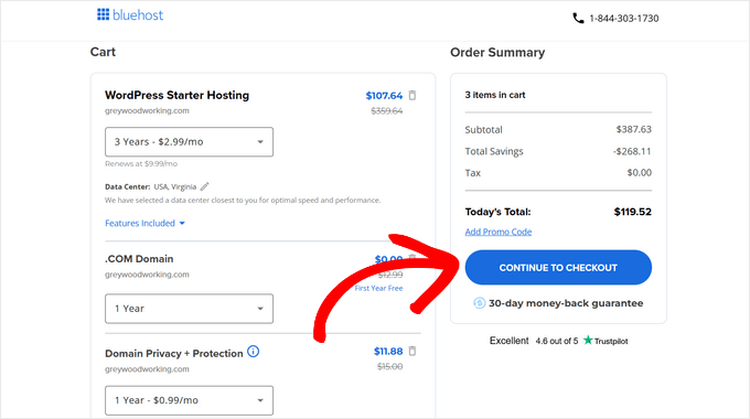 Click Continue to Checkout in Bluehost