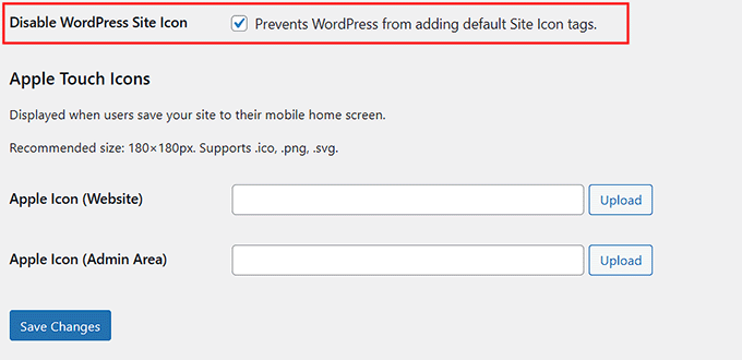'WordPress Site Simgesini Devre Dışı Bırak' seçeneğini kontrol edin