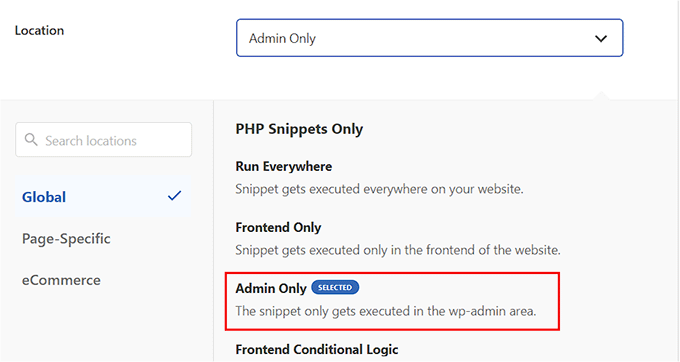 Choose Admin Only as the location