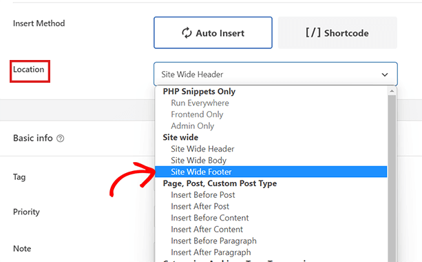 Choose Site Wide Footer from the Location dropdown