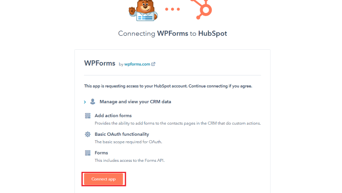 单击“连接应用程序”按钮以​​连接 WPForms 和 HubSpot