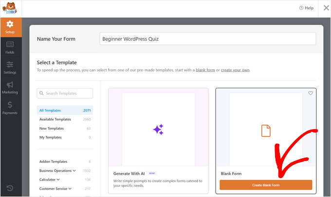 Alege formularul gol pentru a crea un test de la zero