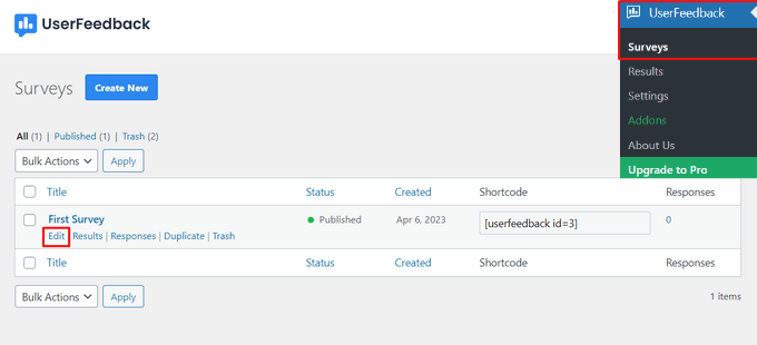 Edit your survey in UserFeedback