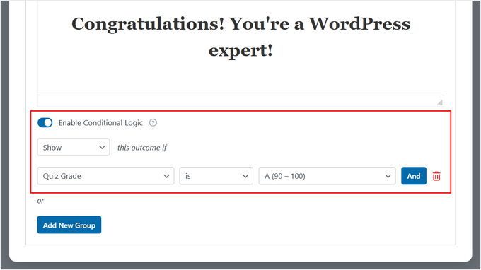 Activează logica condițională pentru afișarea rezultatelor testului