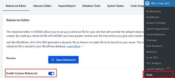 Enable the custom robots txt option