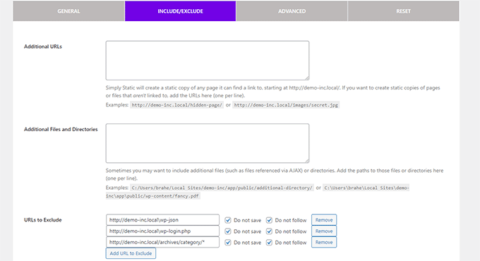 Exclude URLs