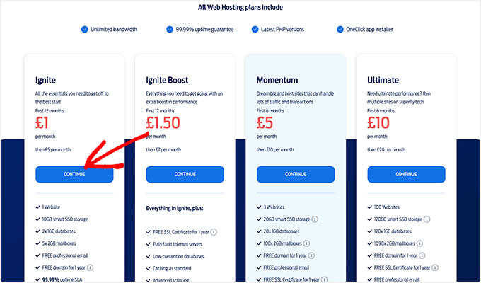 Fasthosts plans and pricing page