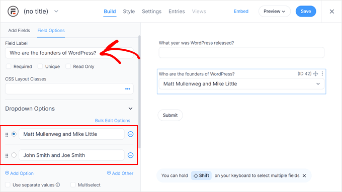 Adding dropdown options in Formidable Forms