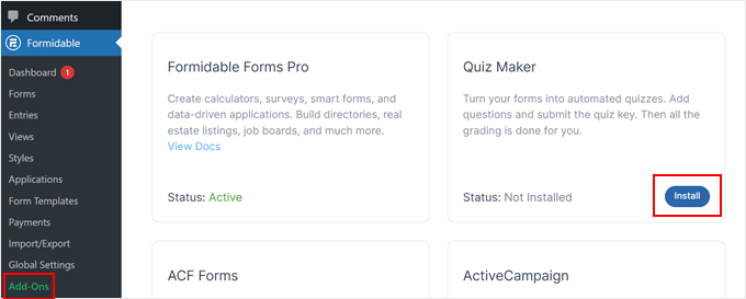 Installing the Quiz Maker addon in Formidable Forms