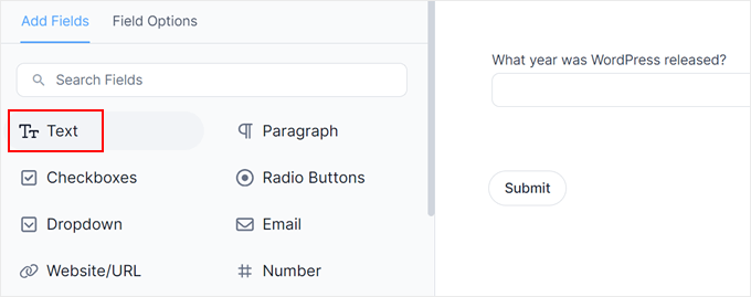 Selecting the text form field in Formidable Forms