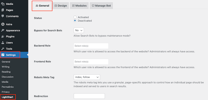 LightStart general settings