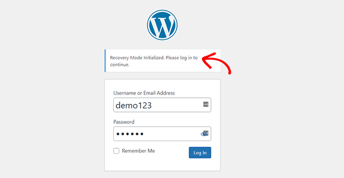 log into your account to access WordPress recovery mode