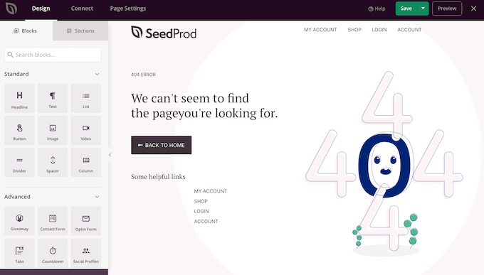 An example of a 404 page, designed in SeedProd