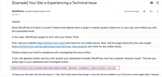 Email from WordPress about technical problem in your site