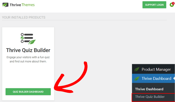单击 Thrive Quiz Builder 仪表板按钮