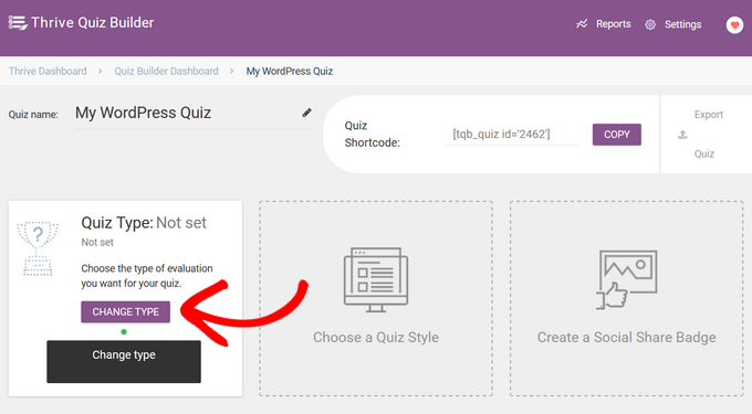Choose quiz type in Thrive Quiz Builder dashboard