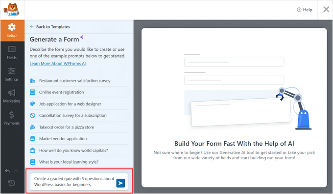 Spune-i AI-ului WPForms ce tip de test vrei să creezi