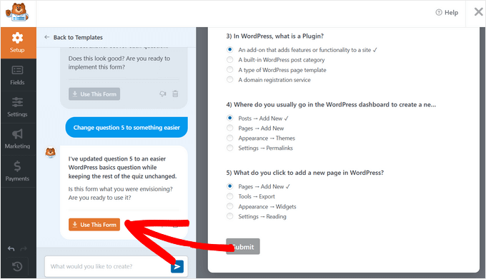 Editează-ți testul cu AI și apasă pe butonul "Use This Form"