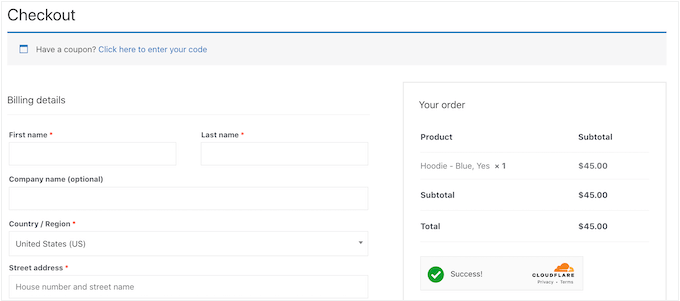 The Cloudflare Turnstile CAPTCHA on the WooCommerce checkout page