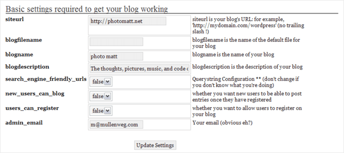 WordPress Settings 2003