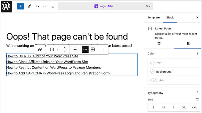 How to customize blocks in a WordPress 404 page