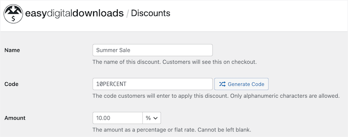 Setting up a coupon code in EDD
