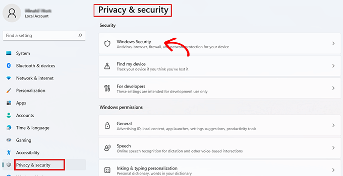 Go to Privacy and Security and select Windows Security