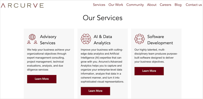 An example of a services section with CTA buttons