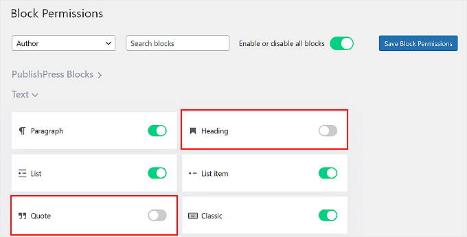 在 PublishPress Blocks 插件上设置块权限示例