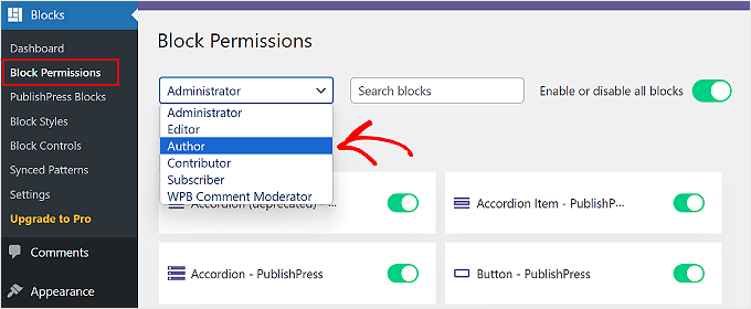 选择用户角色以编辑其对 PublishPress Blocks 插件的阻止权限