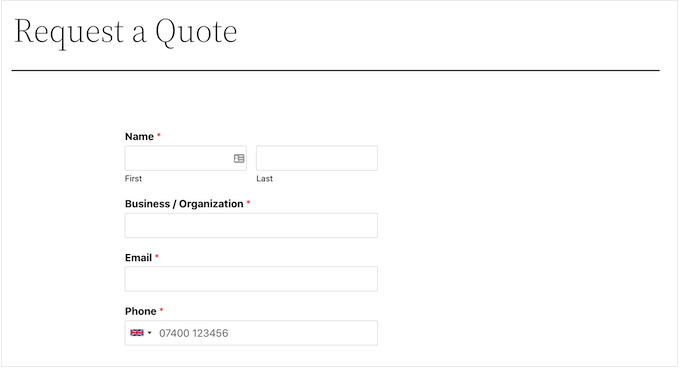 A 'request a quote' form, created using WPForms