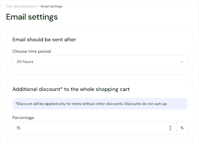 Sellfy's cart abandonment settings