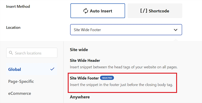 Choose Site Wide Footer from the Location dropdown