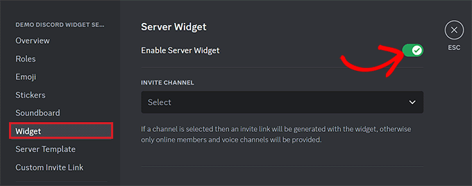 Toggle the enable server widget switch