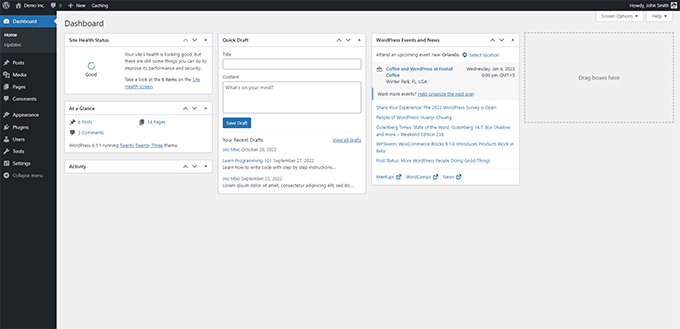 WordPress dashboard