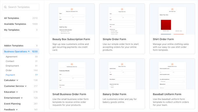 WPForms' payment form template examples