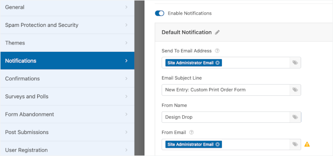 WPForms custom print order form's notification