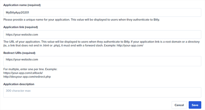 Bitly app details form