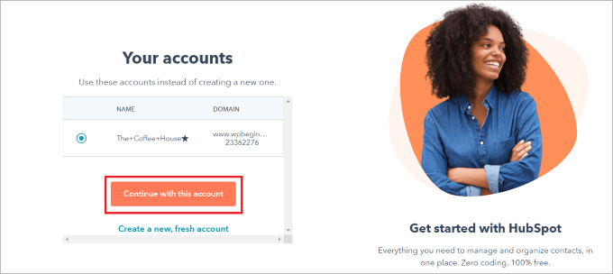 continue with this account hubspot