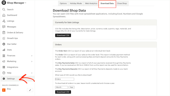 Downloading your product catalog from Etsy 