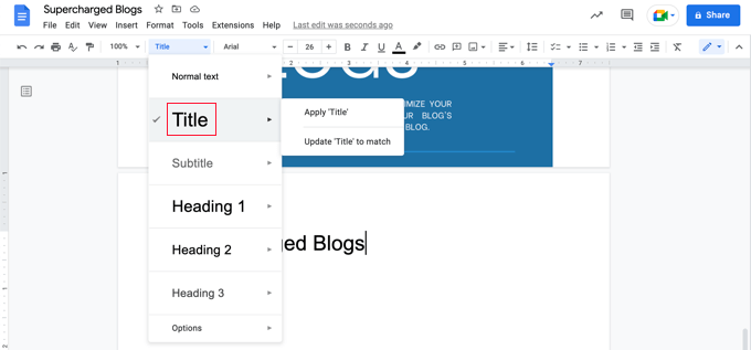 Selecting the Title Style in Google Docs