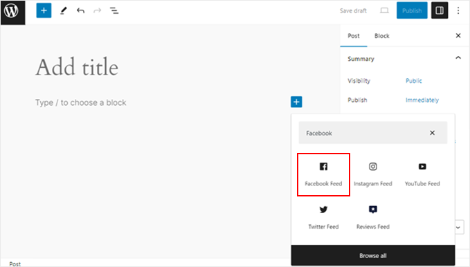 Choosing the Facebook Feed block in the block editor