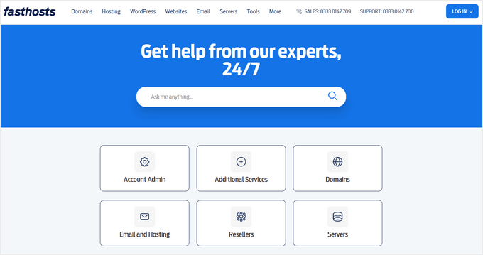 Fasthosts Support-Website Fasthosts Support-Website-Optionen