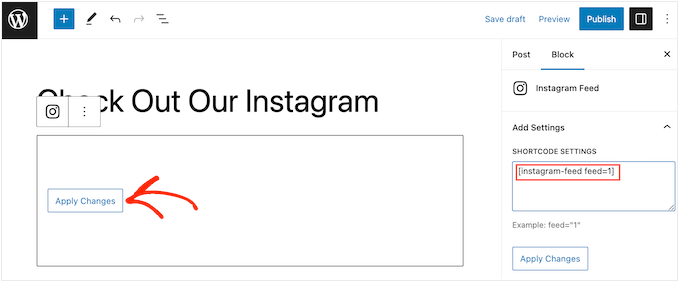 Adding the Instagram shortcode to a page or post