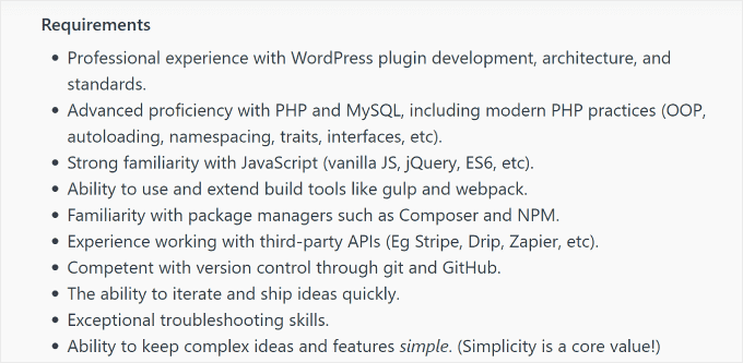 WordPress developer job requirements